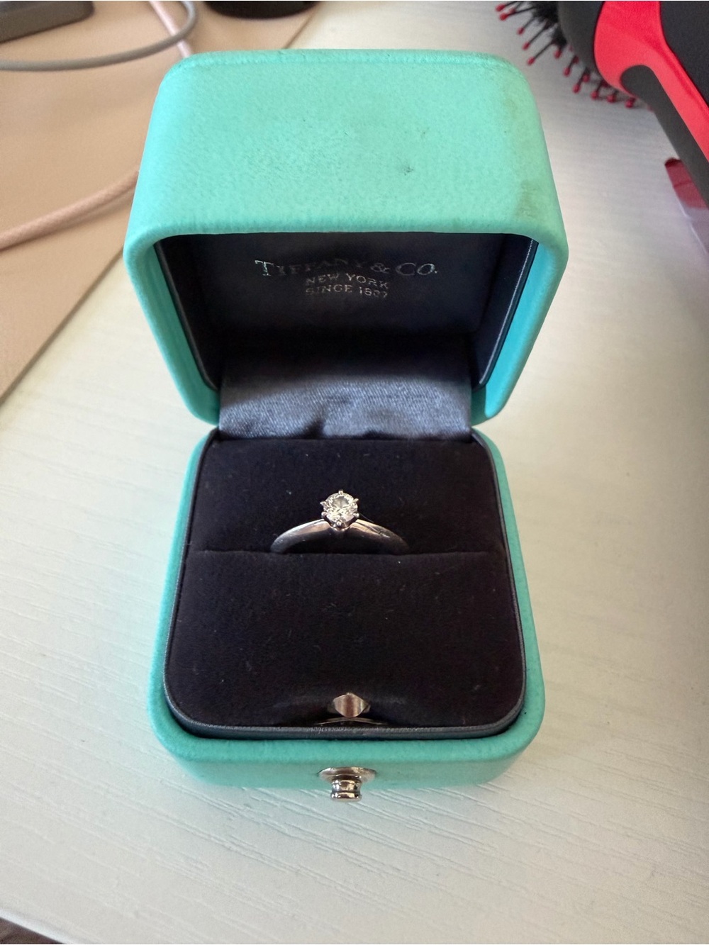 Tiffany & Co. White Solitaire Diamond Ring in Signature Aqua Box